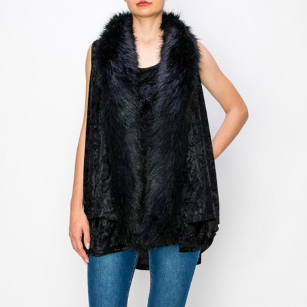 Origami by Vivien Black Velvet Vest With Removable Faux Fur Collar